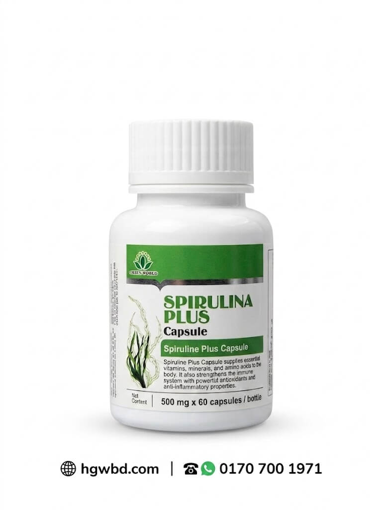 Green World Spirulina Plus Capsule 500mg dietary supplement bottle with spirulina algae nutrition formula