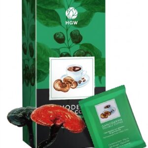 HGW Ganoderma Coffee instant coffee mix box with ganoderma mushroom illustration and individual sachet packaging