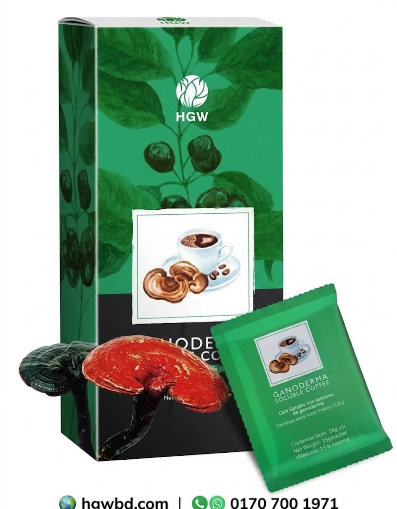 HGW Ganoderma Coffee instant coffee mix box with ganoderma mushroom illustration and individual sachet packaging